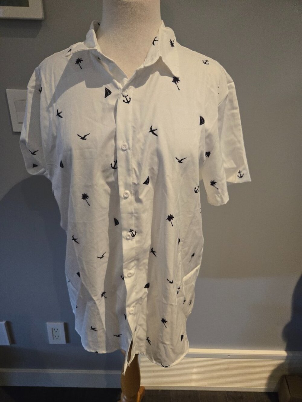 Manfinity Nautical Print Short Sleeve Button Up | Medium | White